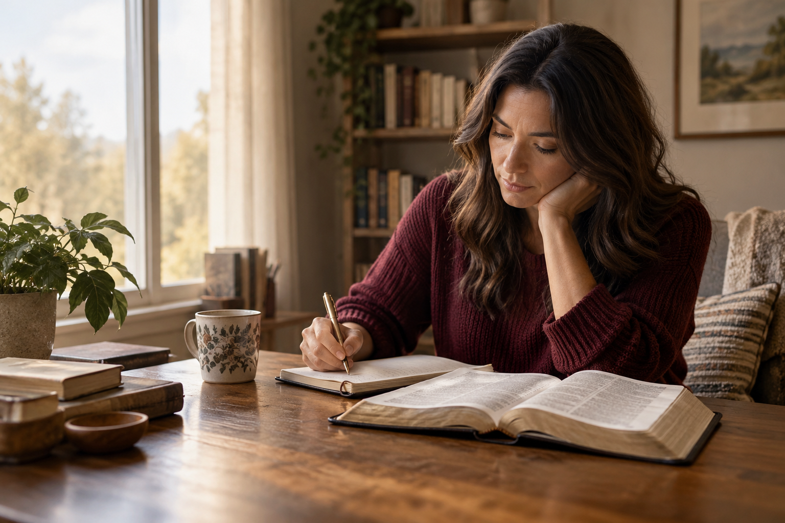 Mulher estudando a Bíblia e escrevendo em um caderno